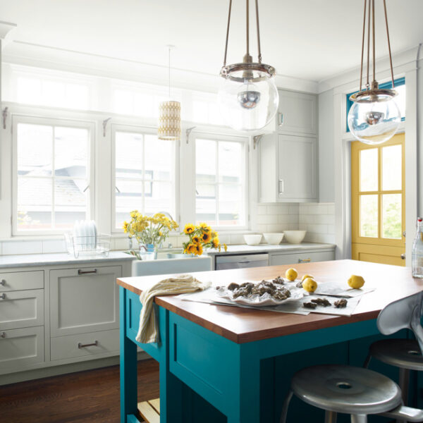 white kitchen blue island 650