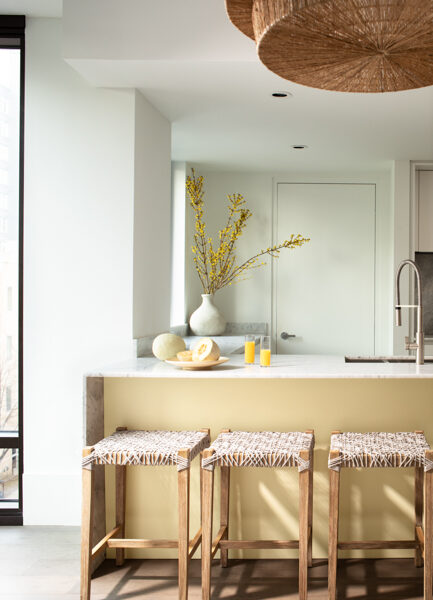 white kitchen light yellow island 650