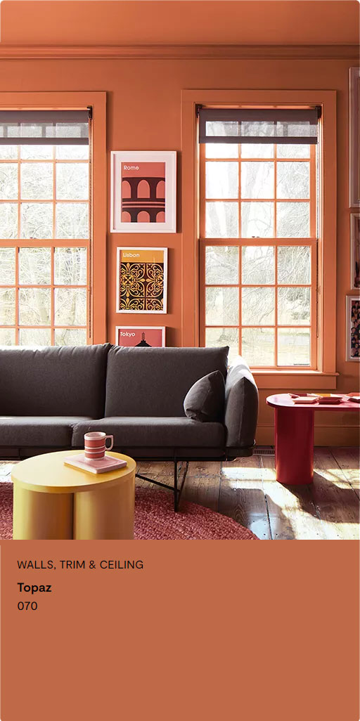 2 carousel Red Paint Walls Living Room Gray Couch Travel Posters